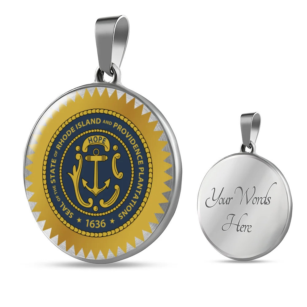 Rhode Island State Seal Circle Pendant Necklace Stainless Steel 24 Inch Chain S